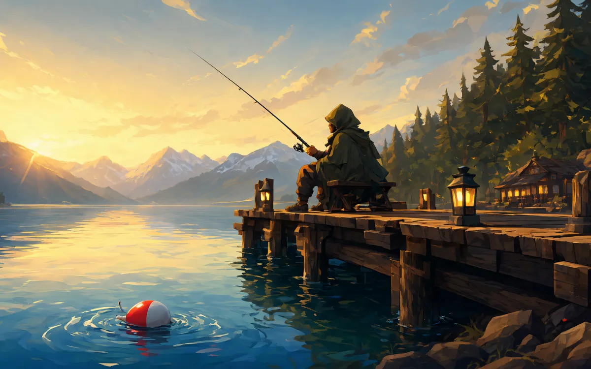 An angler fishing from a wooden pier at sunset