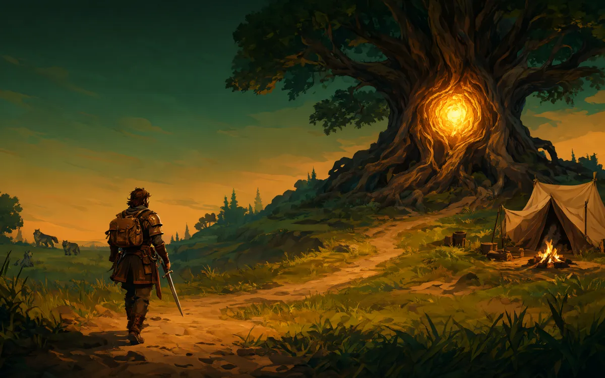 An adventurer walking towards a giant glowing tree